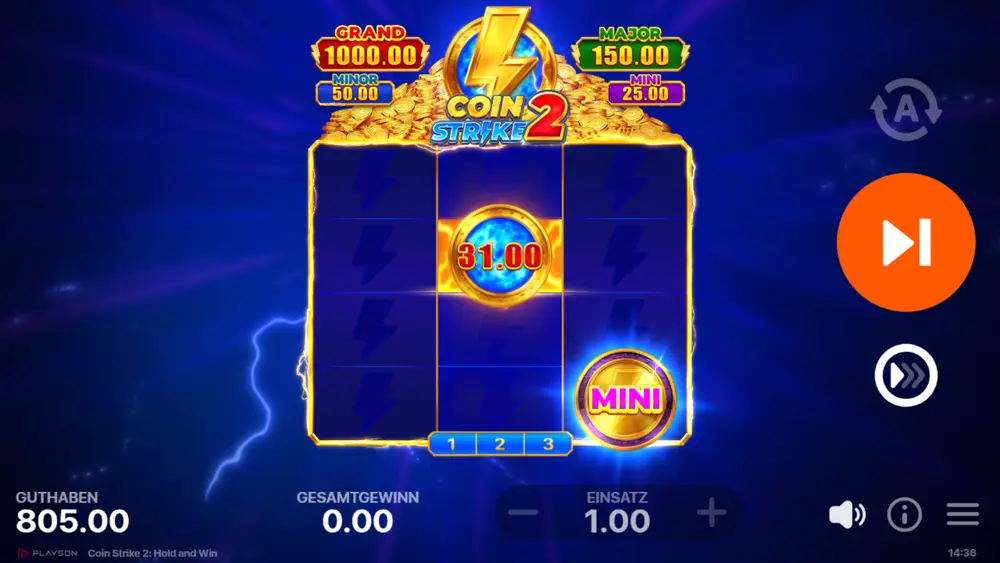 Coin Strike 2 aktives Bonus Game – haftende Strike Coins auf Walze 2, Re-Spin-Zähler und akkumulierter Wert