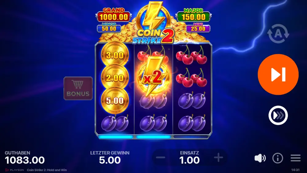 Coin Strike 2 Bonus Game Auslösung – Bonus Coins auf Walzen 1 und 3, Strike Coin auf Walze 2