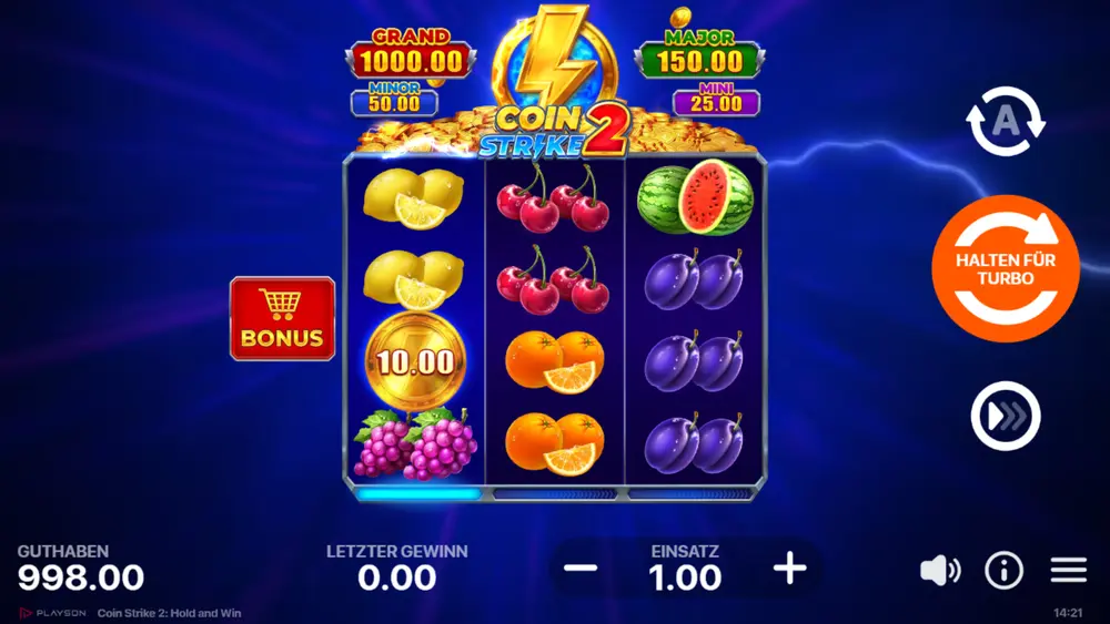 Coin Strike 2 Slot – Retro-Arcade-Optik mit klassischen Fruchtsymbolen und Bonusmünzen