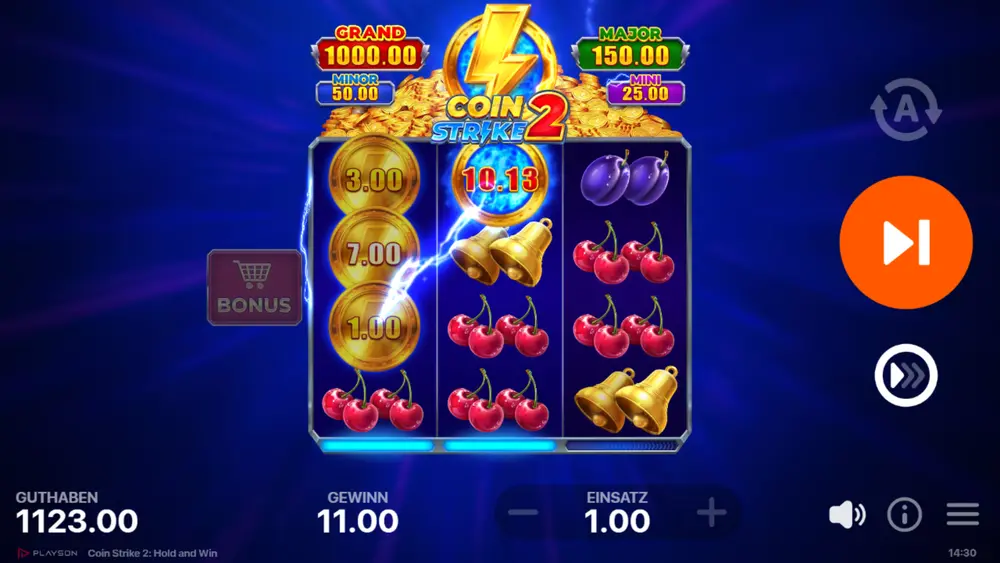Coin Strike 2 Slot – Sammel-Funktion mit Bonusmünzen auf Walze 1 und 3, Strike Coin auf Walze 2