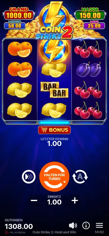 Coin Strike 2 Basispiel – Walzen mit Symbolen und Bonus Coins auf Walzen 1 und 3