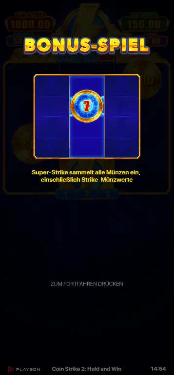 Coin Strike 2 aktives Bonus Spiel – haftende Strike Coins auf Walze 2, Re-Spin-Zähler sichtbar