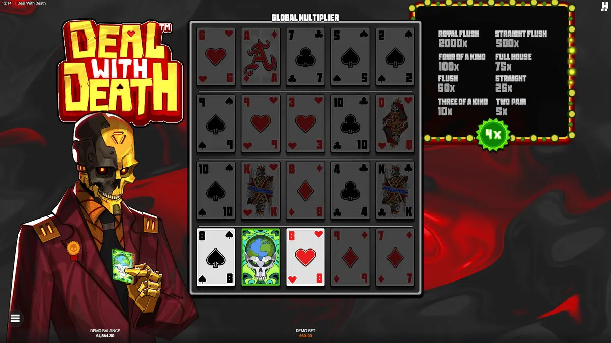 Play Deal With Death Global Multiplier Joker affecting all poker hands on grid