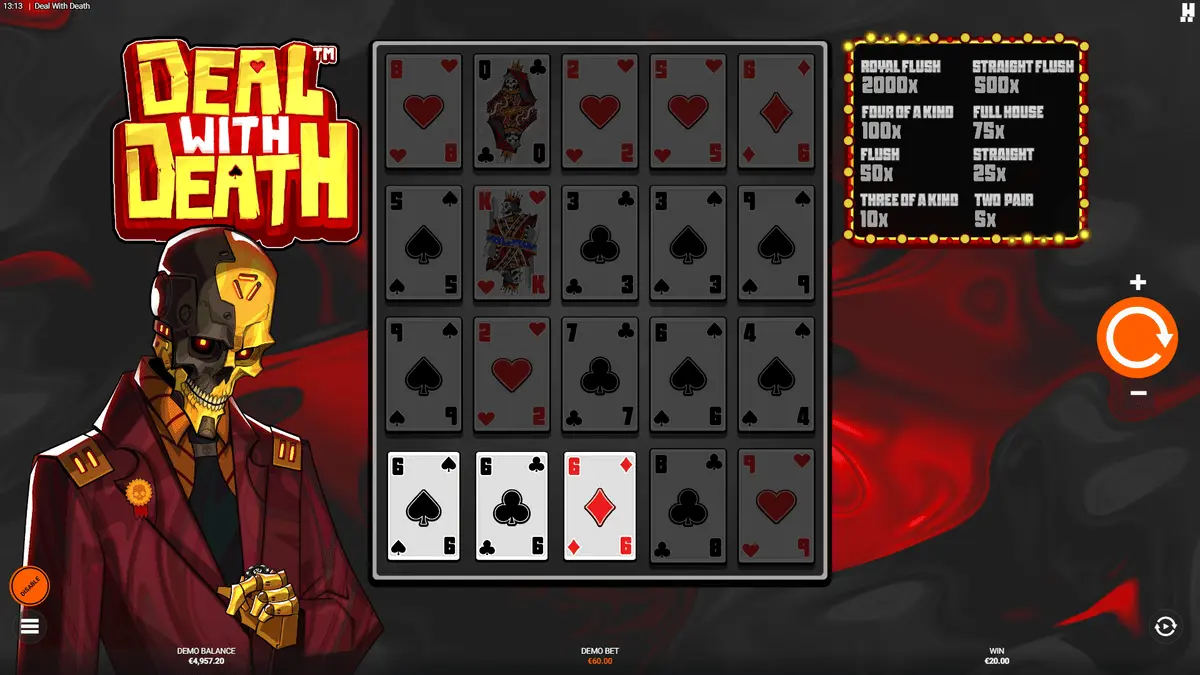 Deal With Death casino Poker Mode showing card hands across four rows