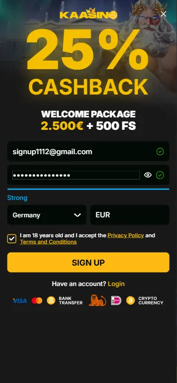 Registration form for playing Deal With Death real money