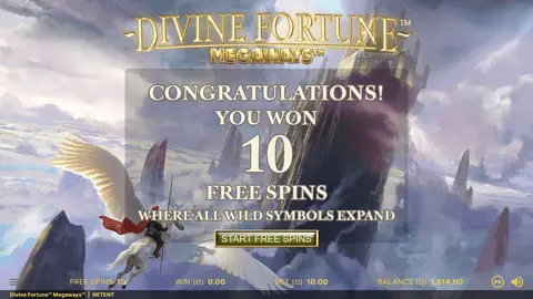 Divine Fortune Megaways free spins activation screen showing Scatter count and spins awarded