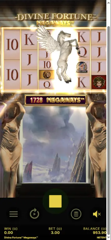 Divine Fortune Megaways free spins triggered by four Scatter symbols landing simultaneously