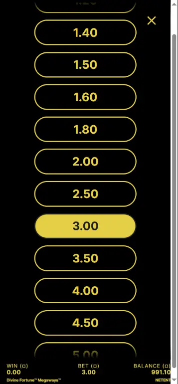 Divine Fortune Megaways bet settings panel with stake adjustment controls