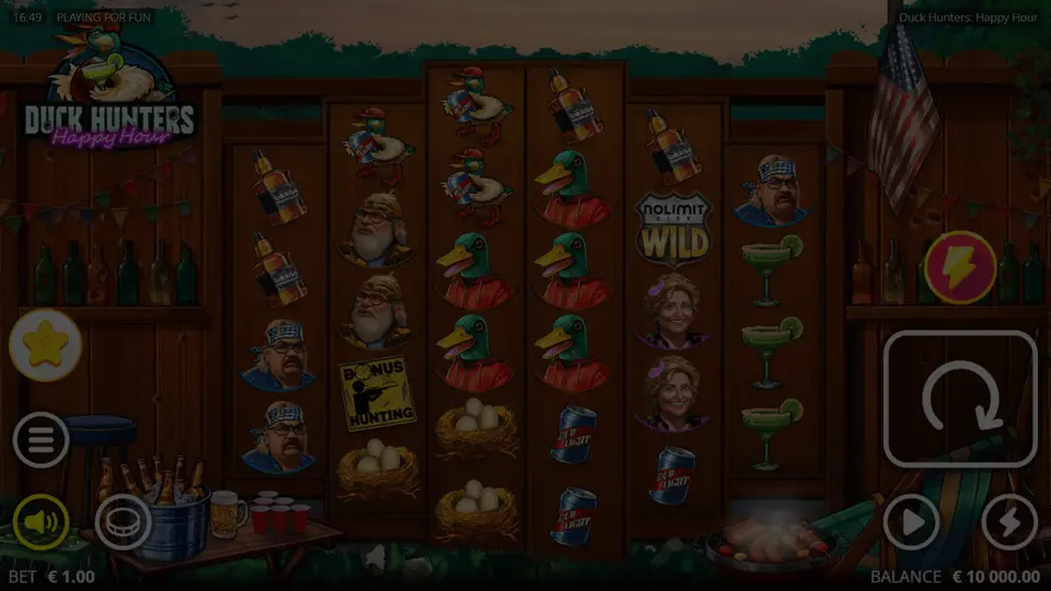 Duck Hunters Happy Hour slot demo game window showing hunting lodge bar with duck targets