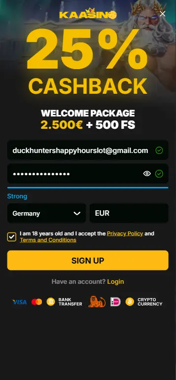 Creating and verifying a casino account to play Duck Hunters Happy Hour