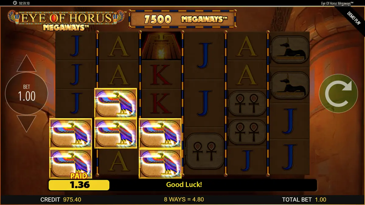 Eye of Horus Megaways spin showing near-maximum reel heights and high ways to win count