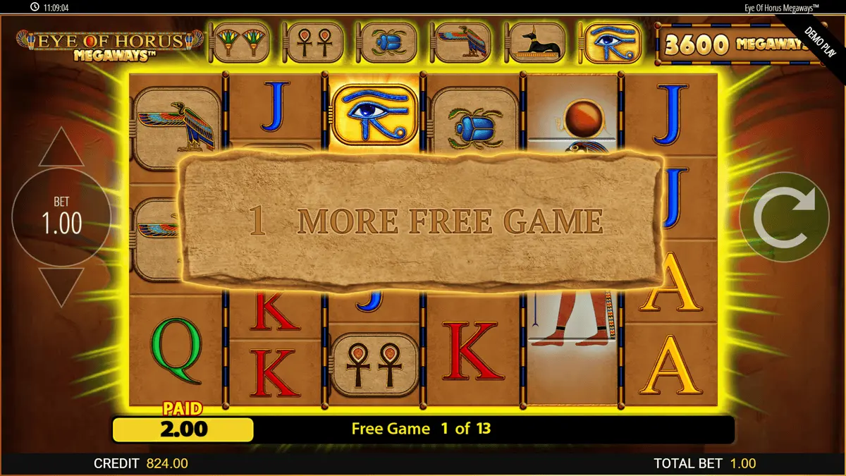 Eye of Horus Megaways retrigger moment wild on reel extra spins counter visible
