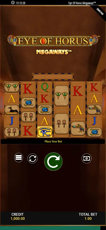 Eye of Horus Megaways base game full grid Blueprint Gaming showing Egyptian symbols at mid-height reels
