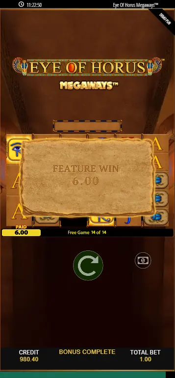 Eye of Horus Megaways big win screen at end of free spins upgrades tablets fully filled