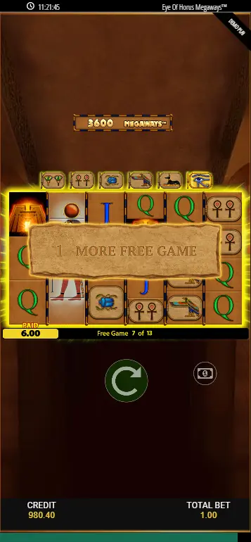 Eye of Horus Megaways retrigger moment wild on reel extra free spins counter displayed