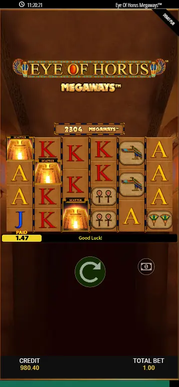 Eye of Horus Megaways scatter gates triggering free spins three scatter symbols visible