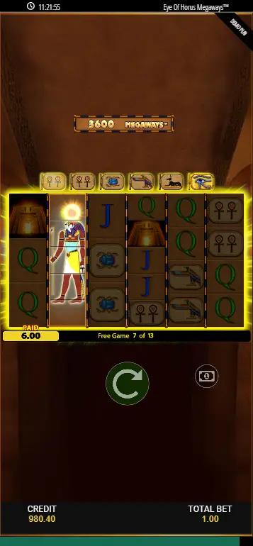Eye of Horus Megaways upgrades tablets panel during free spins with several tablets filled showing symbol upgrades
