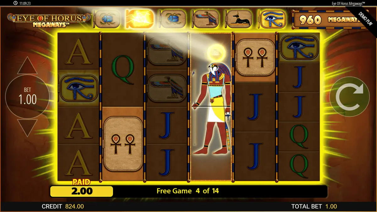 Eye of Horus Megaways upgrades tablets panel during free spins with several tablets filled