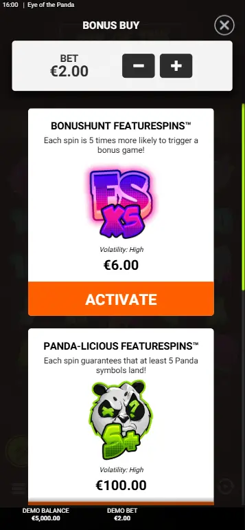 Eye of the Panda Bonus Buy and FeatureSpins mode selection screen