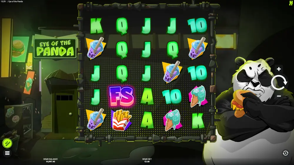 Eye of the Panda base game showing full 5x5 grid with food symbols and Panda Wilds