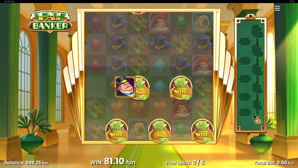 Fat Banker Free Spins – Fat Banker Symbol belegt 3x3 Felder, Progress Bar teilweise gefüllt