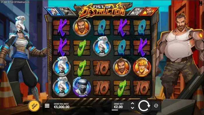 Fist of Destruction slot base game showing 8-bit fighters and urban backdrop
