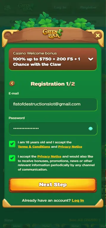 Account registration page for Fist of Destruction real money gameplay