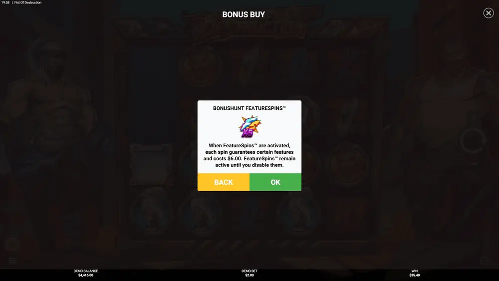 FeatureSpins selection interface showing Uppercut and Epic Drop purchase options