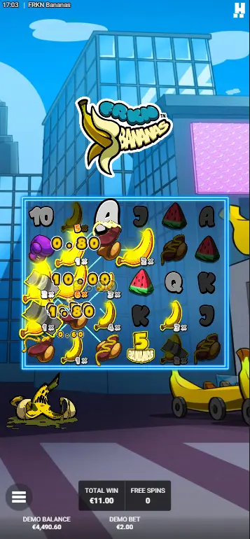 FRKN Bananas slot multiple bananas with visible multipliers stacking on payline