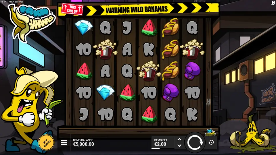 FRKN Bananas slot base game showing Pillington city setting with fruit symbols
