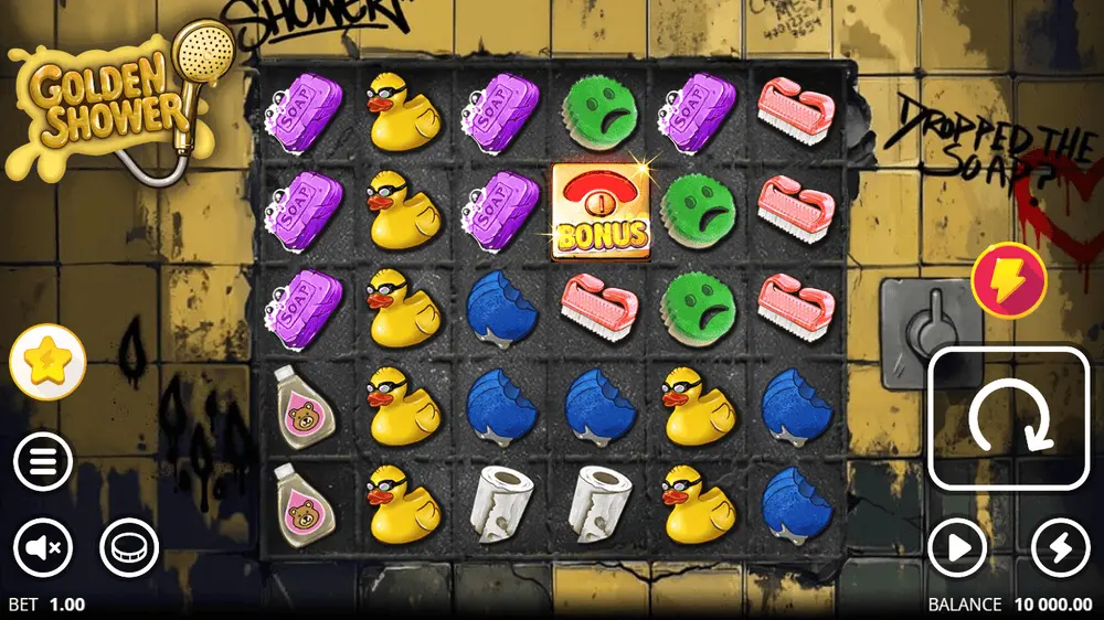 Golden Shower slot base game showing bathroom theme with soap and duck symbols