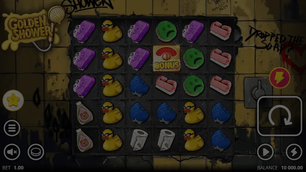Golden Shower slot demo game window showing bathroom setting with cluster mechanics