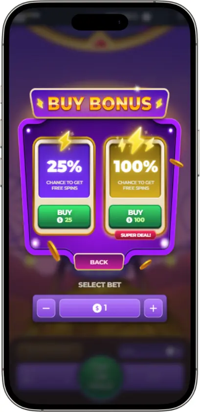 Bonus buy window with two options: 25% chance for bonus, or a 100% chance
