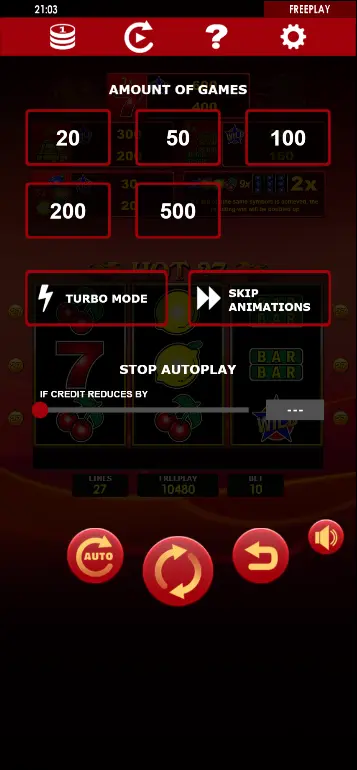 Hot 27 autoplay menu with number of rounds and stop condition options