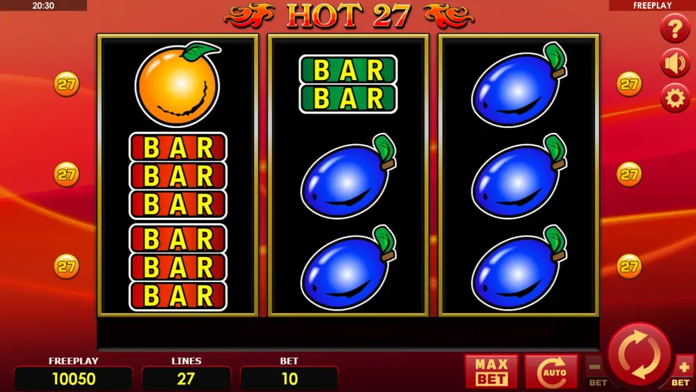 Hot 27 slot base game – full 3x3 grid with fruit symbols and classic UI