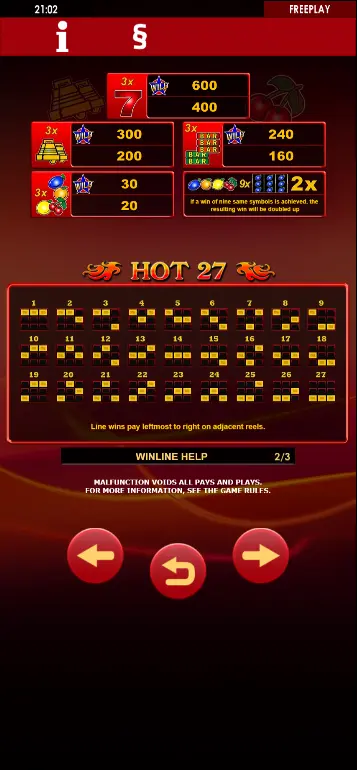 Hot 27 paytable showing symbol combination and Wild combination columns