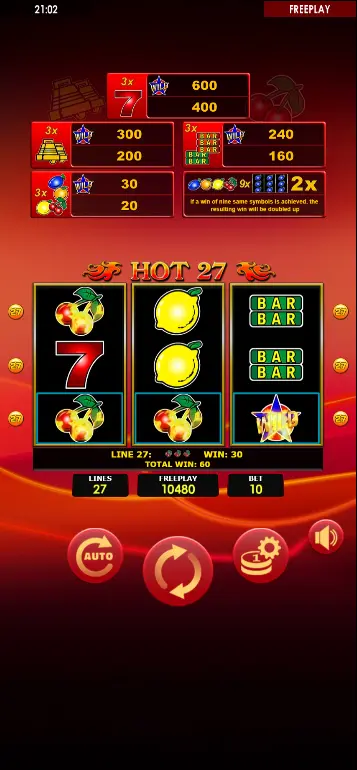 Star Wild substitution in Hot 27 classic fruit slot – winning payline with Wild