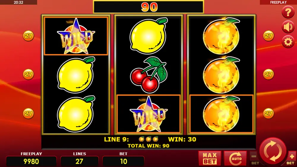 Star Wild substitution in Hot 27 classic fruit slot – winning line with Wild highlighted