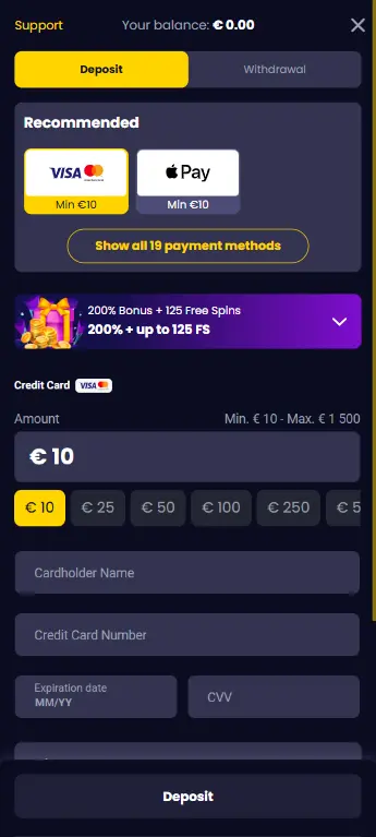 Making a USD deposit at an online casino