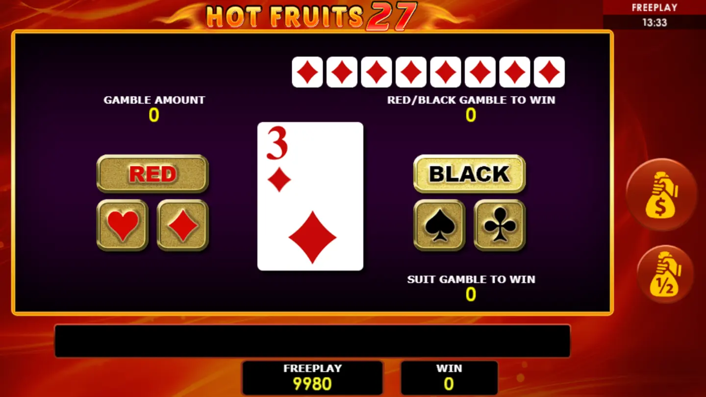 Gamble Feature screen showing red/black and suit selection options in Hot Fruits 27