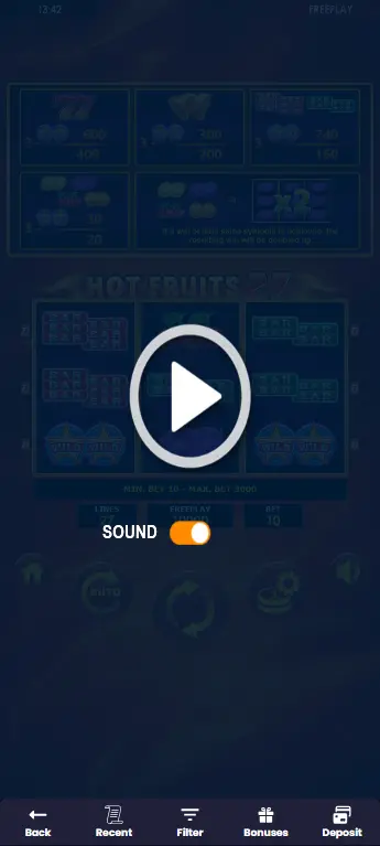Bet controls and Game ID in the Hot Fruits 27 info panel