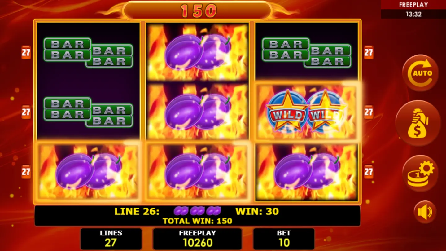 Wild star symbol completing a winning line with enhanced payout in Hot Fruits 27 Amatic slot