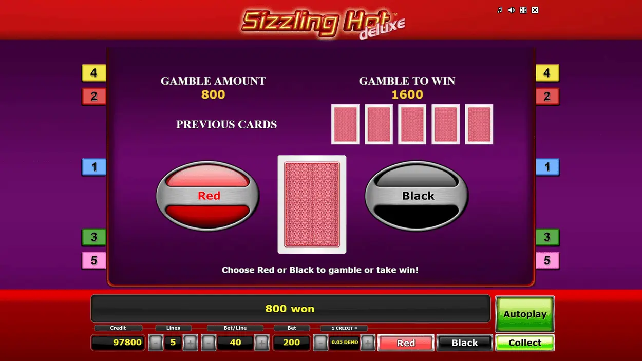 Sizzling Hot Deluxe funkcja Gamble – zakryta karta z opcjami czerwony i czarny