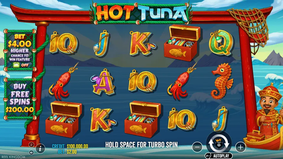 Hot Tuna slot base game – ocean backdrop with fishing symbols on 5x3 reels