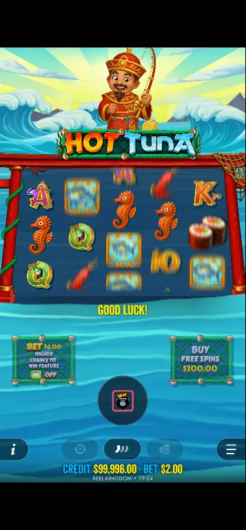 Hot Tuna base game – full 5x3 grid with ocean theme and fishing symbols