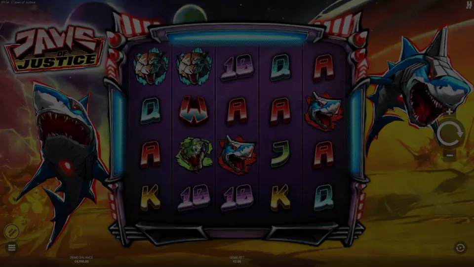 Jaws of Justice demo window showing cyber shark grid with laser effects and force fields