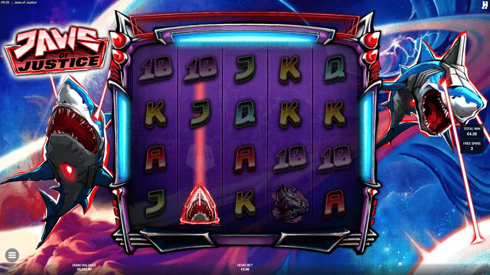 Jaws of Justice Killer Cosmos bonus round with multiple Laser Sharks on bottom row