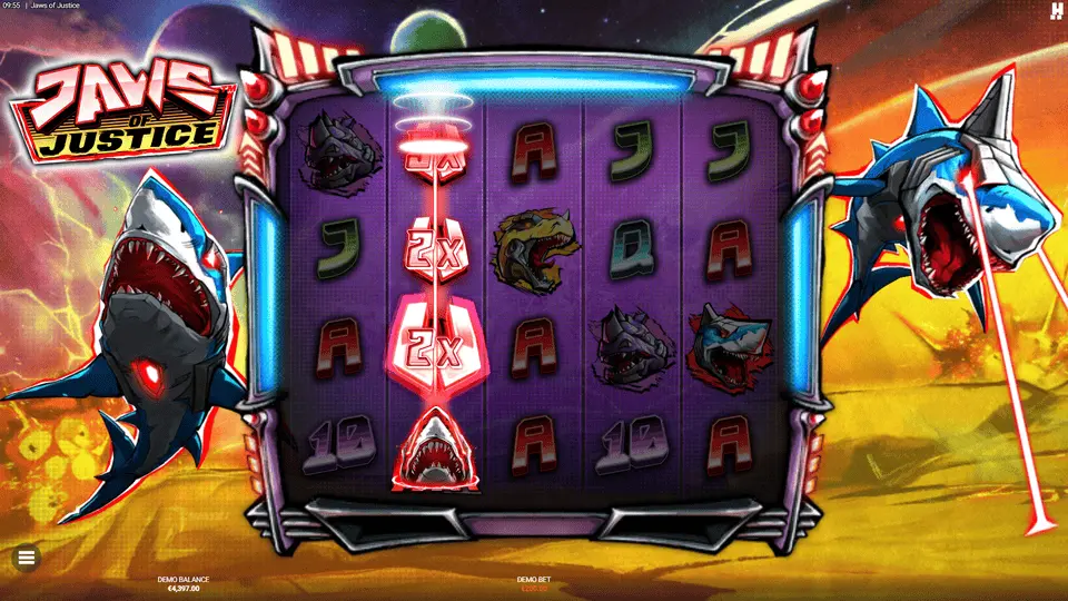 Jaws of Justice laser shark on bottom row firing laser beam upward transforming symbols to Wilds