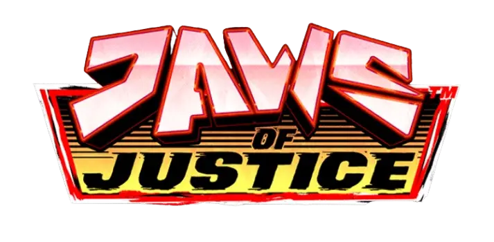Jaws of Justice slot logo with cyber shark and laser beams
