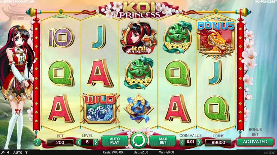Koi Princess Bonus Bet Interface – aktivierter Modus mit verdoppeltem Einsatz und erhöhter Feature-Frequenz